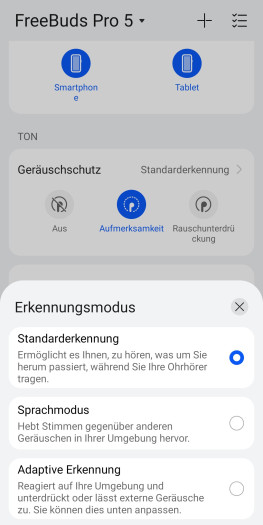 Diese drei Modi gibt es für den Transparenzbetrieb der Freebuds Pro 5. Ein Wechsel zum adaptiven Modus ist unpraktischerweise nur in der App möglich. (Bild: Huawei/Screenshot: Golem)