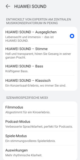 Für die Freebuds Pro 5 gibt es mehrere Equalizer-Voreinstellungen. (Bild: Huawei/Screenshot: Golem)