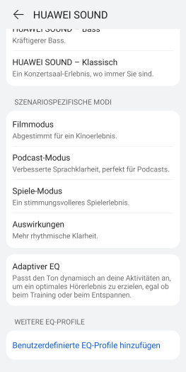 Für die Freebuds Pro 5 gibt es mehrere Equalizer-Voreinstellungen. (Bild: Huawei/Screenshot: Golem)