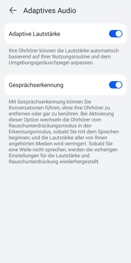 Die adaptive Lautstärke der Freebuds Pro 5 funktionierte quasi nicht. Die Gesprächserkennung funktioniert gut, hält die Musik aber nicht an. (Bild: Huawei/Screenshot: Golem)
