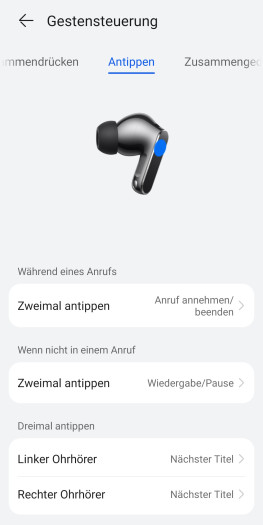 Auf dem Außenbereich der Freebuds Pro 5 befindet sich ein Sensorfeld - mit fast den gleichen Befehlen wie bei der Tastensteuerung. (Bild: Huawei/Screenshot: Golem)