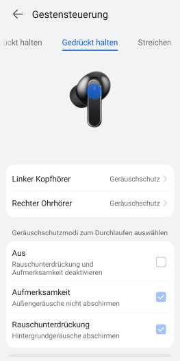 Die ANC-Steuerung für die Freebuds Pro 5 ist auch per Sensorgeste möglich. (Bild: Huawei/Screenshot: Golem)