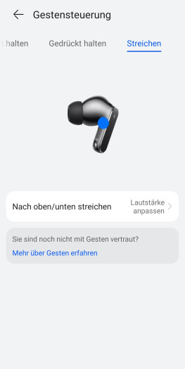 Durch Wischen über den Steg der Freebuds Pro 5 wird die Lautstärke verändert. (Bild: Huawei/Screenshot: Golem)