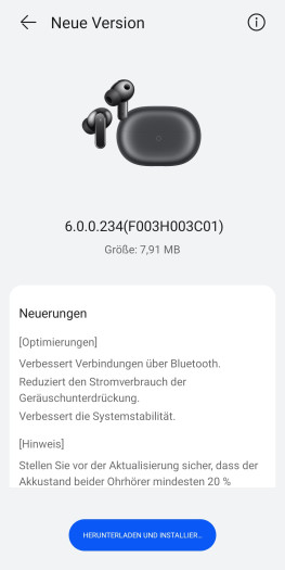 Updates für die Freebuds Pro 5 lassen sich bei Bedarf manuell installieren. (Bild: Huawei/Screenshot: Golem)