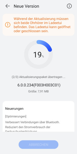 Ein Update für die Freebuds Pro 5 ist in wenigen Minuten erledigt. (Bild: Huawei/Screenshot: Golem)
