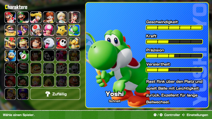 Yoshi ist ebenfalls im Angebot, mit besonderen Stärken und Schwächen. (Bild: Nintendo / Screenshot: Golem)