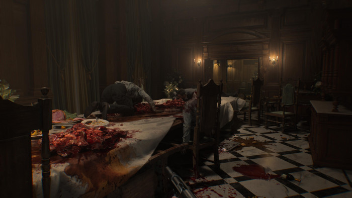 Wer auf Innereien empfindlich reagiert, sollte sich in diesem Raum nicht zu gründlich umsehen. (Bild: Capcom / Screenshots: Golem)