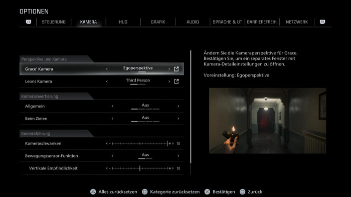 Die Kameraoptionen für Grace und Leon können wir jederzeit ändern. (Bild: Capcom / Screenshots: Golem)