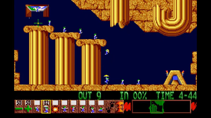 Der Anfang ist simpel: Wir müssen lediglich alle Lemmings mit dem Regenschirm sicher von der Plattform in Richtung Ausgang plumpsen lassen. (Bild: DMA Design / Screenshot: Medienagentur Plassma)