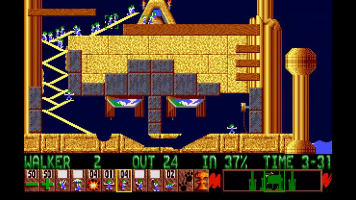 Der Blocker verhindert, dass die Lemminge in die Falle laufen. Builder-Lemminge bauen wiederum eine Art Wendeltreppe nach oben. (Bild: DMA Design / Screenshot: Medienagentur Plassma)