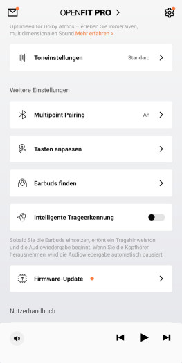 Die Trageerkennung der Openfit Pro ist zu stark eingeschränkt. (Bild: Shokz/Screenshot: Golem)
