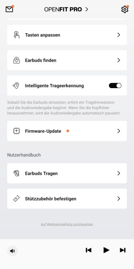 Diese Einstellungen gibt es in der Shokz-App für die Openfit Pro. (Bild: Shokz/Screenshot: Golem)