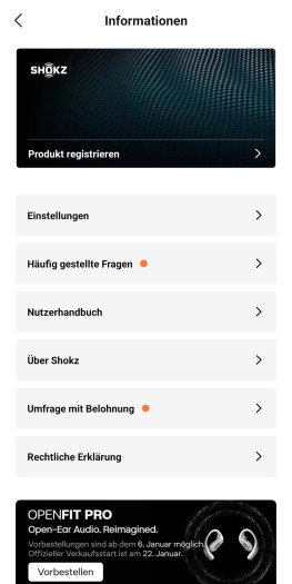 Diese weiteren Einstellungen gibt es in der Shokz-App. (Bild: Shokz/Screenshot: Golem)