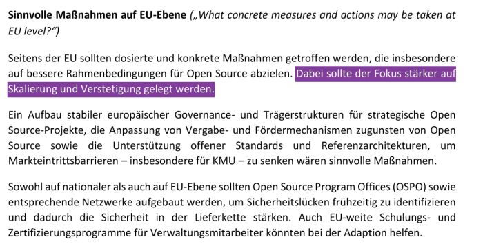 Auch in der Stellungnahmen der Deutschen Industrie- und Handelskammer finden sich dieselben Prioritäten wie im Statement der Mercedes-Benz AG. Man sorgt sich angesichts der zumeist eher lose bis informell organisierten Developer um Nachhaltigkeit in der Entwicklung freier Software. (Screenshot: Erich Moechel)