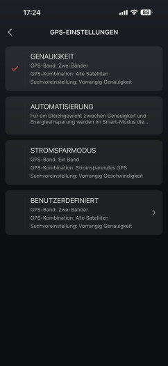 Das Menü mit den GPS-Optionen ist schön aufgeräumt. (Bild: Amazfit / Screenshot: Golem)