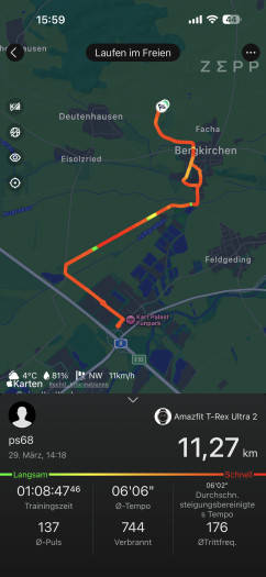 In der App sehen wir den gelaufenen Kurs in der Landschaft. (Bild: Amazfit / Screenshot: Golem)