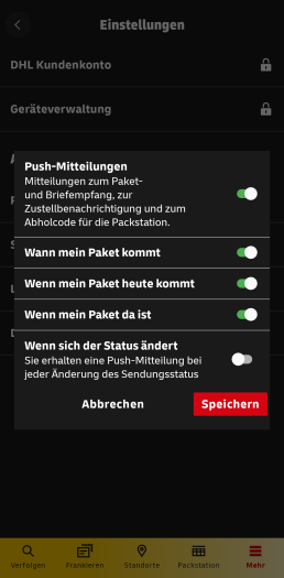 In der DHL-App für Android gibt es hingegen diese Optionen für Push-Benachrichtigungen. (Bild: DHL Group/Screenshot: Golem)