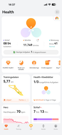 Die Startseite der Huawei-Health-App zeigt die wichtigsten Infos auf Kacheln. (Bild: Huawei / Screenshot: Golem)