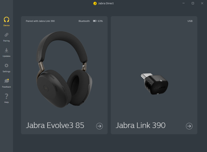 Für Windows-PCs gibt es die Software Jabra Direct, um den Evolve 3 85 und den Link 390 zu konfigurieren. (Bild: Jabra/Screenshot: Golem)
