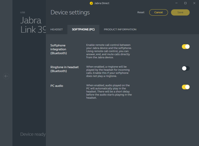 Diese Einstellungen gibt es für den Link 390 in Jabra Direct. (Bild: Jabra/Screenshot: Golem)