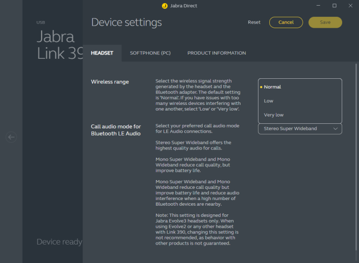 Diese Einstellungen gibt es für den Link 390 in Jabra Direct. (Bild: Jabra/Screenshot: Golem)