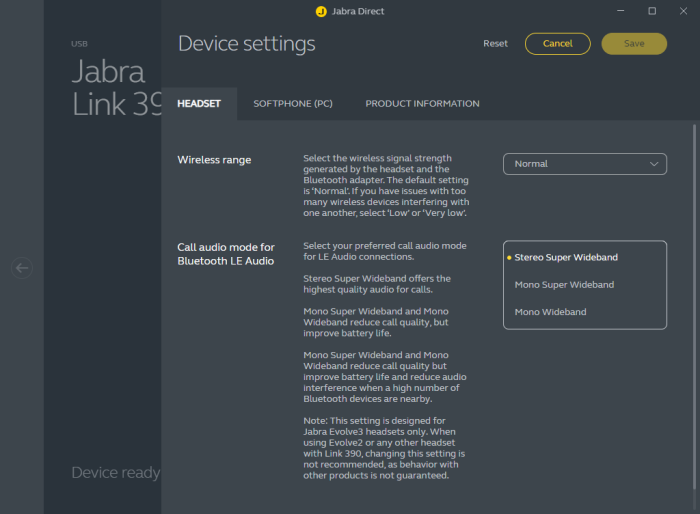 Diese Einstellungen gibt es für den Link 390 in Jabra Direct. (Bild: Jabra/Screenshot: Golem)