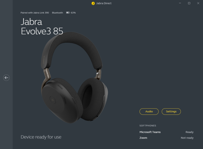 Jabra Direct zeigt den Akkuladestand des Evolve 3 85 sehr genau an. (Bild: Jabra/Screenshot: Golem)