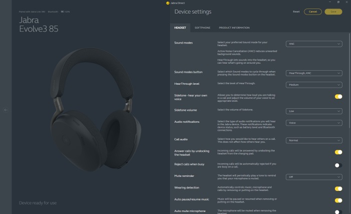 Diese Einstellungen gibt es für den Evolve 3 85 in Jabra Direct. (Bild: Jabra/Screenshot: Golem)