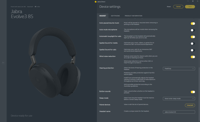 Diese Einstellungen gibt es für den Evolve 3 85 in Jabra Direct. (Bild: Jabra/Screenshot: Golem)