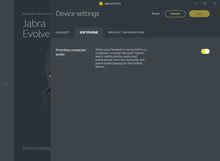 Diese Einstellungen gibt es für den Evolve 3 85 in Jabra Direct. (Bild: Jabra/Screenshot: Golem)