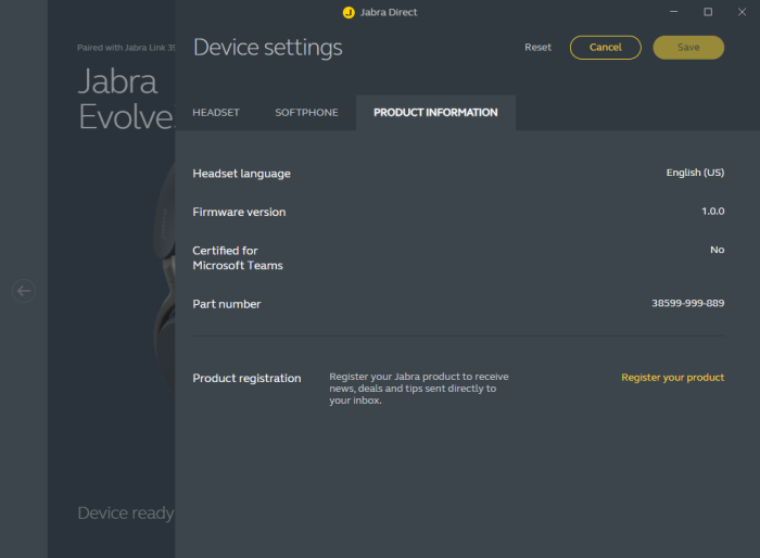 Diese Einstellungen gibt es für den Evolve 3 85 in Jabra Direct. (Bild: Jabra/Screenshot: Golem)