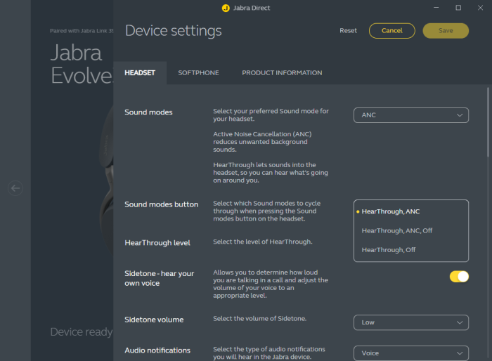 Die Option zur Konfiguration der ANC-Taste des Evolve 3 85 gibt es nur in Jabra Direct. (Bild: Jabra/Screenshot: Golem)