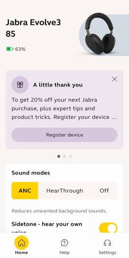 Für Android- und iOS-Smartphones gibt es die Software Jabra+, um den Evolve 3 85 zu konfigurieren. Der Akkuladestand wird genau angezeigt. (Bild: Jabra/Screenshot: Golem)
