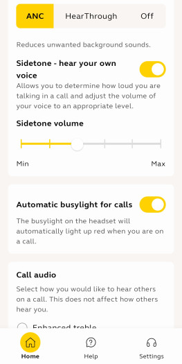 Diese Einstellungen gibt es in der Jabra+-App für den Evolve 3 85. (Bild: Jabra/Screenshot: Golem)