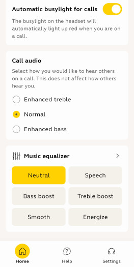 Diese Einstellungen gibt es in der Jabra+-App für den Evolve 3 85. (Bild: Jabra/Screenshot: Golem)