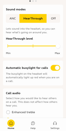 Diese Einstellungen gibt es in der Jabra+-App für den Evolve 3 85. (Bild: Jabra/Screenshot: Golem)