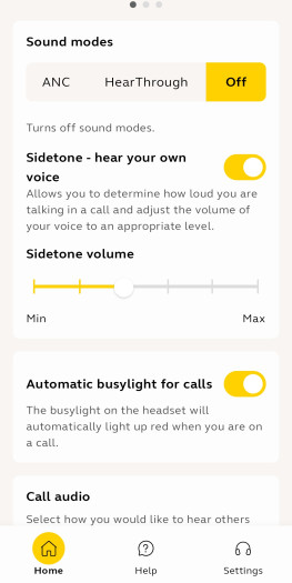 Diese Einstellungen gibt es in der Jabra+-App für den Evolve 3 85. (Bild: Jabra/Screenshot: Golem)