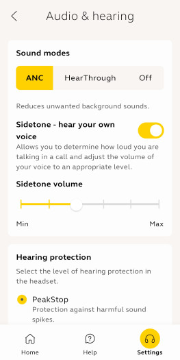 Diese Einstellungen gibt es in der Jabra+-App für den Evolve 3 85. (Bild: Jabra/Screenshot: Golem)