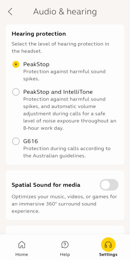 Diese Einstellungen gibt es in der Jabra+-App für den Evolve 3 85. (Bild: Jabra/Screenshot: Golem)