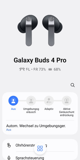 Die Galaxy-Wear-App für die Galaxy Buds 4 Pro zeigt auch den Ladestand des Ladeetuis genau an. (Bild: Samsung/Screenshot: Golem)