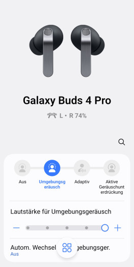 Der ANC- und Transparenzmodus der Galaxy Buds 4 Pro lässt sich bei Bedarf anpassen. (Bild: Samsung/Screenshot: Golem)