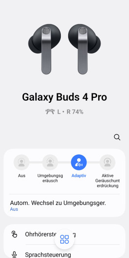 Im Adaptivmodus der Galaxy Buds 4 Pro sind keine Anpassungen vorgesehen. (Bild: Samsung/Screenshot: Golem)