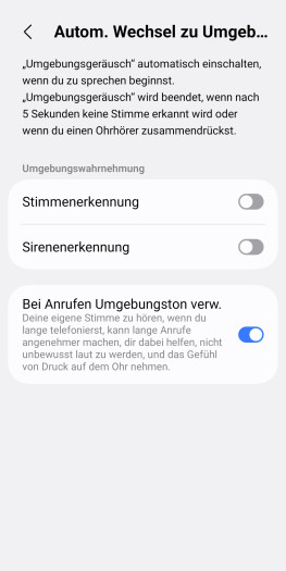 Mit dieser Option wird bei Anrufen der ANC-Betrieb abgeschaltet und in den Transparenzmodus gewechselt. (Bild: Samsung/Screenshot: Golem)