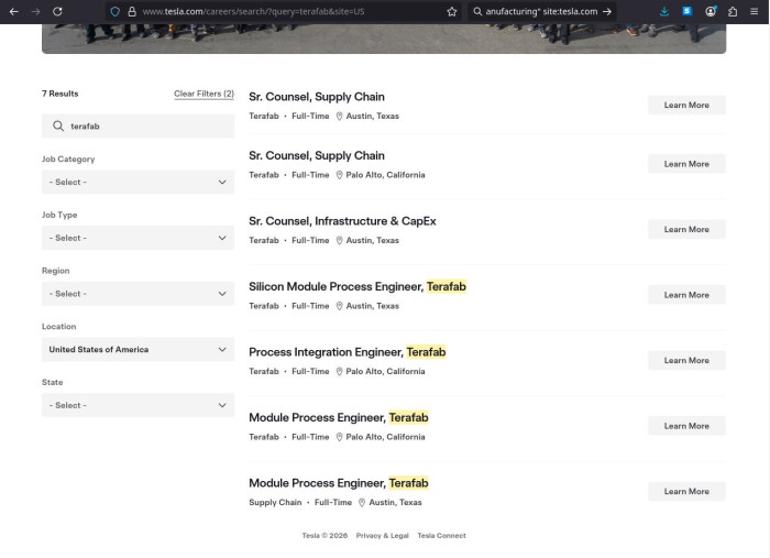 Aktuell finden sich sieben Stellenausschreibungen zur Terafab bei Tesla. (Bild: Tesla)