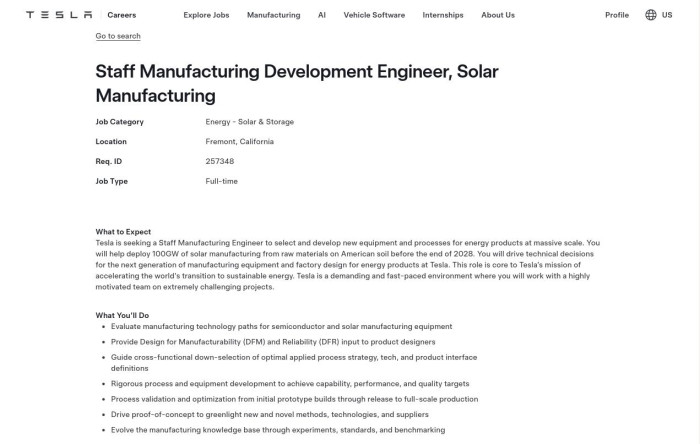 Aktuell sucht Tesla einen Mitarbeiter, der die Solarzellproduktion aufbaut. (Bild: Tesla)