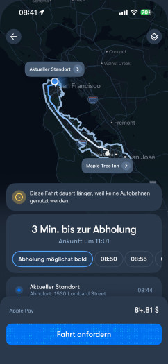 In der auch für deutsche Touristen verfügbaren App bestelle ich ein Auto zum Fixpreis. (Bild: Waymo / Screenshot: Golem)