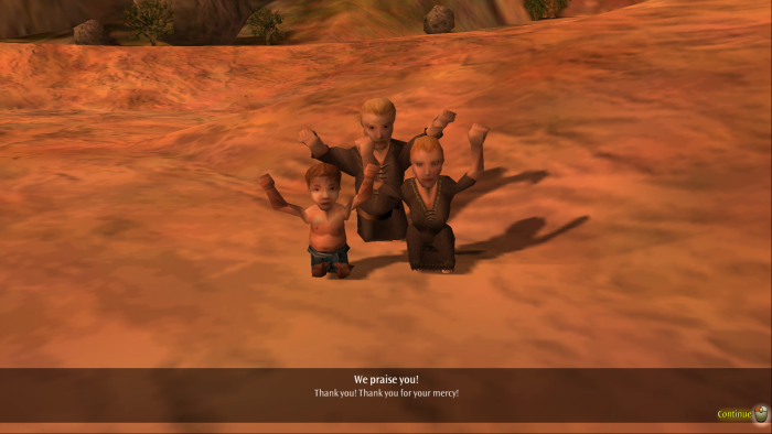 Im Intro bewahrt das Spiel ein Kind vor dem Ertrinken und wird anschließend von dessen Familie verehrt. (Bild: Lionhead Studios/Screenshot: Medienagentur Plassma/Olaf Bleich)