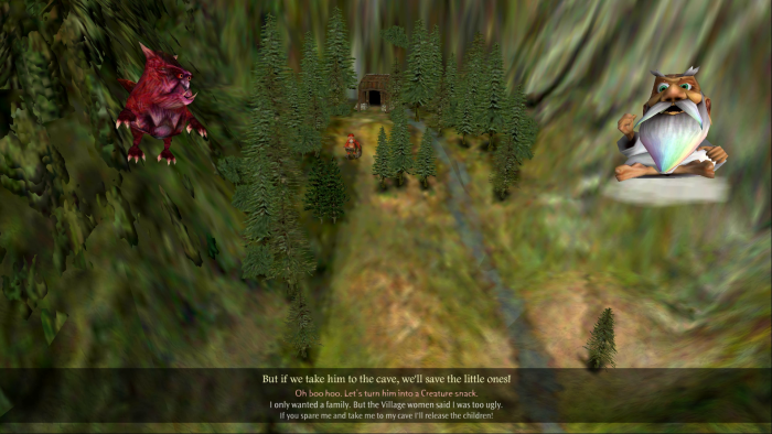 Im Spiel fungieren Engelchen und Teufelchen als Berater. An dieser Stelle hat die Kreatur einen Mann gefangen, der ein Kind entführt hat. Sekunden später hat das Biest den Verbrecher aufgefressen. (Bild: Lionhead Studios/Screenshot: Medienagentur Plassma/Olaf Bleich)