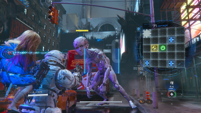 Mit der Matrix rechts schalten wir kurzzeitig die Schilde des Riesenroboters aus. (Bild: Capcom / Screenshot: Golem)
