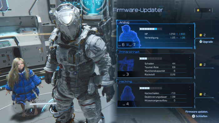 Nach und nach rüsten wir unseren Anzug, die Standardwaffe sowie die Hacking-Kenntnisse von Diana auf. (Bild: Capcom / Screenshot: Golem)